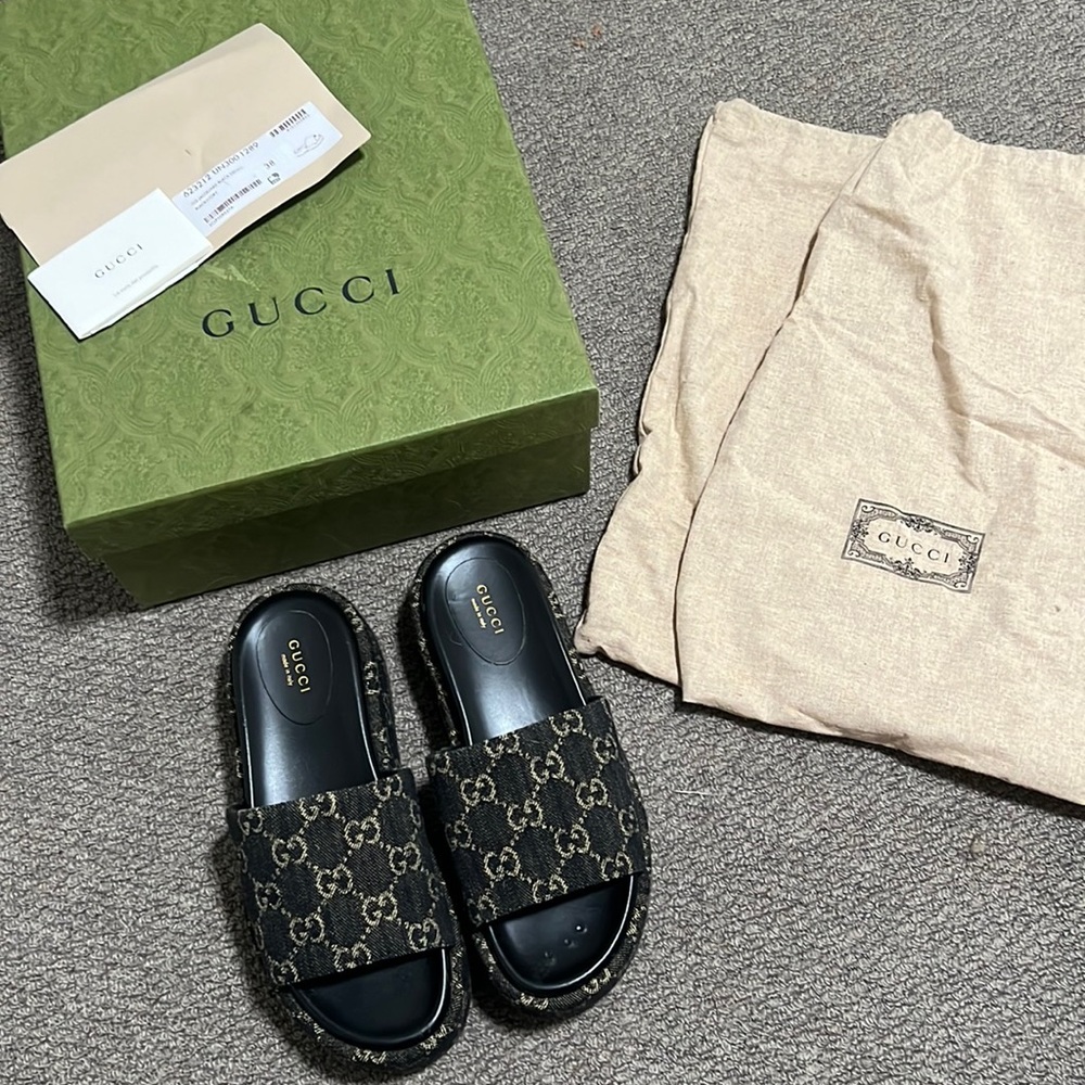 Gucci Jaquard black denim slides